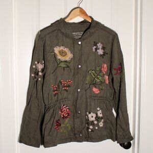 American Eagle army green floral embroidered hooded coat L